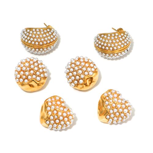 Roestvrij staal Stud Earrings, 304 roestvrij staal, met Plastic Pearl, gold plated, mode sieraden & verschillende ontwerpen voor de keuze, gouden, Verkocht door pair