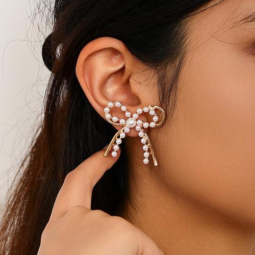 Zinc Alloy Stud Earring with Plastic Pearl Bowknot plated for woman gold Sold By Pair