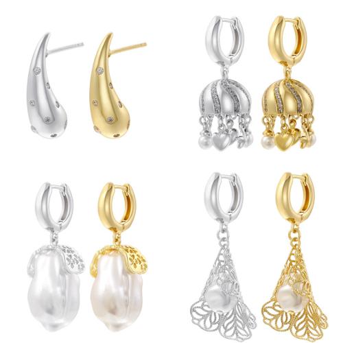 Cubic Zirconia Micro Pave Brass Earring with Plastic Pearl plated & micro pave cubic zirconia & for woman Sold By Pair