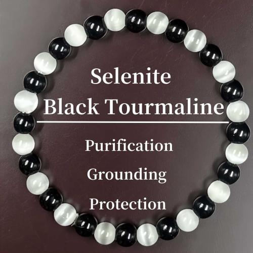 Tourmaline noire bracelet, avec cristal, Rond, fait à la main, bijoux de mode & unisexe, Longueur Environ 6.3-7.87 pouce, Vendu par PC