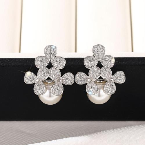 Brass Stud Earring with Plastic Pearl Flower plated fashion jewelry & for woman Sold By Pair