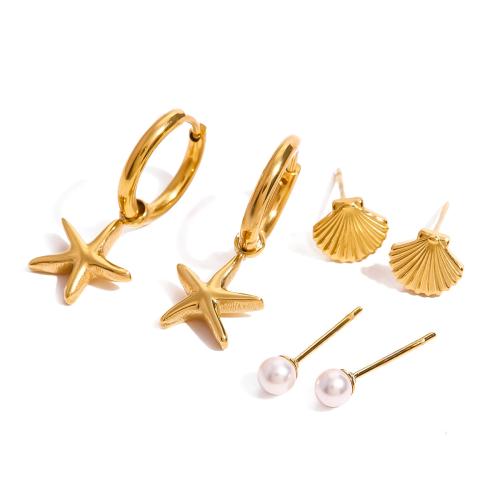 Stainless Steel Stud Earrings 304 Stainless Steel with ABS Plastic Pearl gold color plated three pieces & fashion jewelry golden Sold By Set