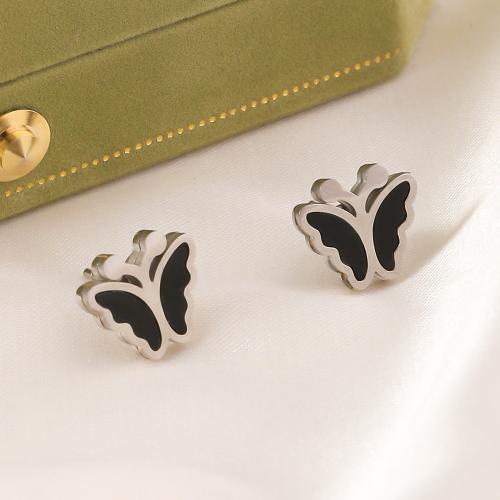 Titanium Steel  Earring Butterfly silver color plated fashion jewelry & enamel silver color Sold By Pair