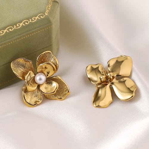 Titanium Steel  Earring with Plastic Pearl Flower gold color plated fashion jewelry golden Sold By Pair