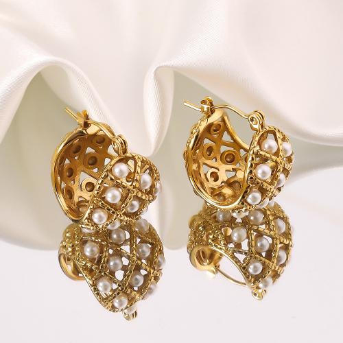 Titanium Steel  Earring with Plastic Pearl gold color plated fashion jewelry golden Sold By Pair