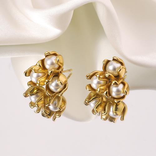 Titanium Staal Earring, met Shell Pearl, gold plated, mode sieraden, gouden, 11x11mm, Verkocht door pair