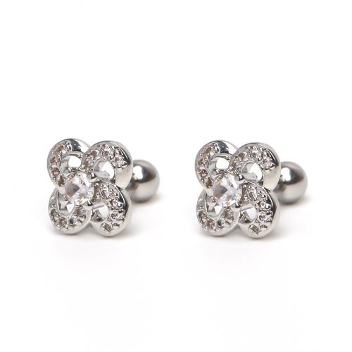 Stainless Steel Stud Earrings 304 Stainless Steel Flower plated micro pave cubic zirconia & for woman & hollow Sold By PC