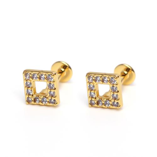 Stainless Steel Stud Earrings 304 Stainless Steel Square plated for woman & with rhinestone & hollow Sold By PC