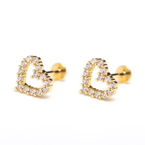 Stainless Steel Stud Earrings 304 Stainless Steel Heart plated micro pave cubic zirconia & for woman & hollow Sold By PC