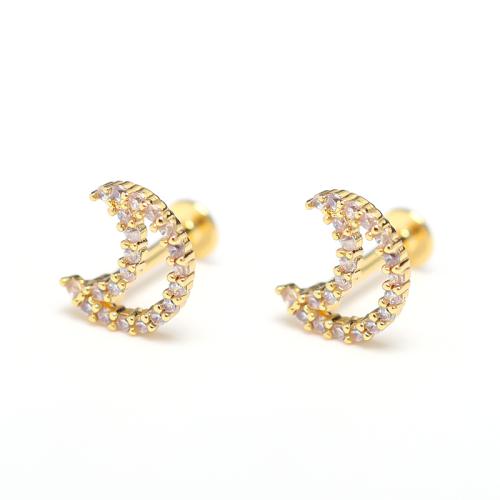 Stainless Steel Stud Earrings 304 Stainless Steel Moon plated for woman & with rhinestone & hollow Sold By PC