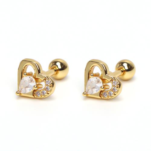 Stainless Steel Stud Earrings 304 Stainless Steel Heart plated Unisex & micro pave cubic zirconia & hollow Sold By PC