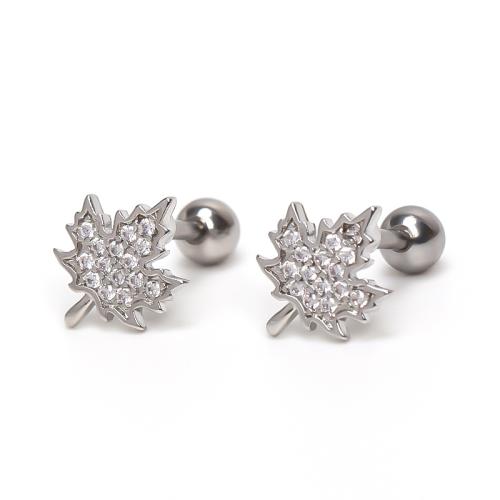 Stainless Steel Stud Earrings 304 Stainless Steel Leaf plated fashion jewelry & Unisex & micro pave cubic zirconia silver color Sold By PC