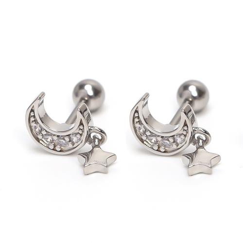 Stainless Steel Stud Earrings 304 Stainless Steel Moon and Star plated fashion jewelry & for woman & with rhinestone silver color Sold By PC