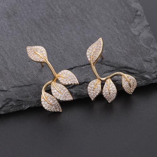 Cubic Zirconia Micro Pave Brass Earring Leaf plated fashion jewelry & micro pave cubic zirconia & for woman golden Sold By Pair