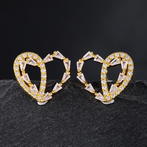 Cubic Zirconia Micro Pave Brass Earring Heart plated micro pave cubic zirconia & for woman & hollow golden Sold By Pair