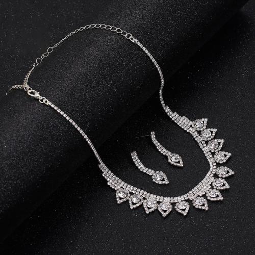 Zinc Alloy Jewelry Sets Stud Earring & necklace plated for woman & with rhinestone silver color Sold By Set