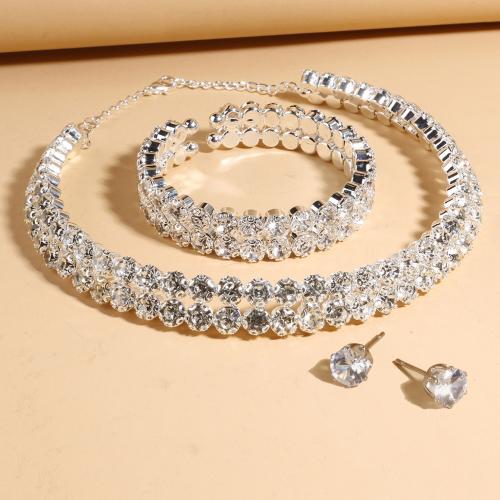 Zinc Alloy Jewelry Sets with Plastic Pearl plated & for woman & with rhinestone silver color Sold By Set