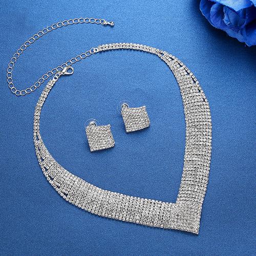 Zinc Alloy Jewelry Sets Stud Earring & necklace plated for woman & with rhinestone silver color Sold By Set