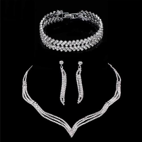 Zinc Alloy Jewelry Sets plated & for woman & with rhinestone silver color Sold By PC