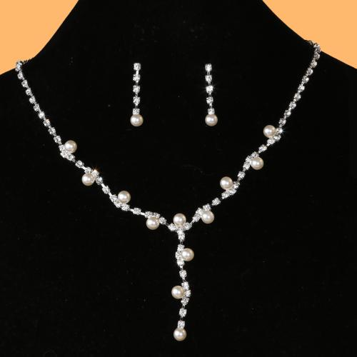 Zinc Alloy Jewelry Sets earring & necklace with Plastic Pearl plated for woman & with rhinestone white Sold By Set