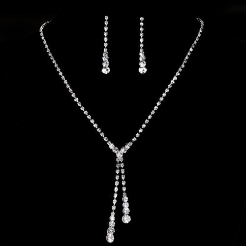 Zinc Alloy Jewelry Sets Stud Earring & necklace plated for woman & with rhinestone silver color Sold By Set