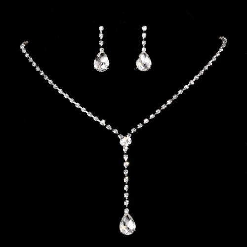 Zinc Alloy Jewelry Sets Stud Earring & necklace plated for woman & with rhinestone silver color Sold By Set