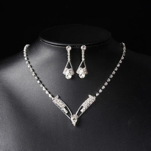 Zinc Alloy Jewelry Sets Stud Earring & necklace plated for woman & with rhinestone silver color Sold By Set