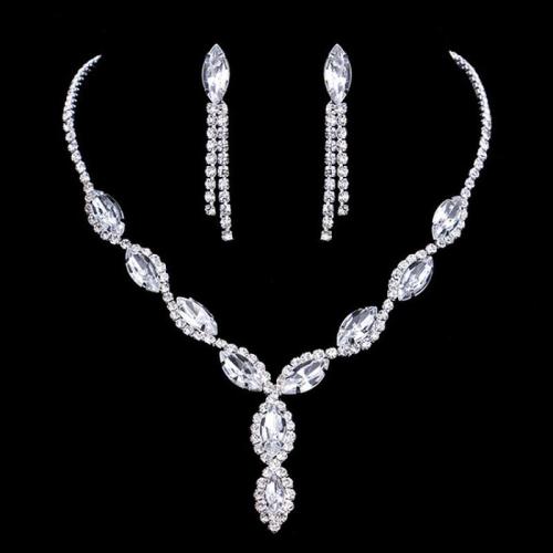 Zinc Alloy Jewelry Sets Stud Earring & necklace plated for woman & with rhinestone Sold By Set