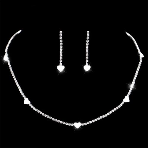 Set gioielli in lega di zinco, Orecchino a bottone & Collana, lega in zinco, placcato, per la donna & con strass, argento, Neckline length: 32 cm and 17 cm Earring size: 3.5 cm long, Venduto da set