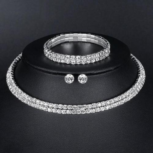 Zinc Alloy Jewelry Sets plated & for woman & with rhinestone silver color Sold By PC