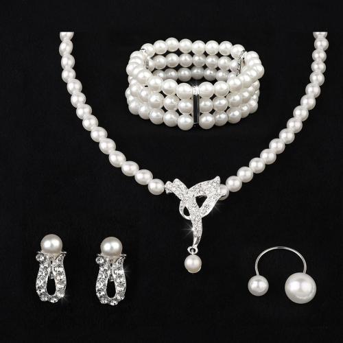 Zinc Alloy Jewelry Sets with Plastic Pearl plated & for woman & with rhinestone white Sold By Set