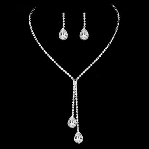 Zinc Alloy Jewelry Sets Stud Earring & necklace plated for woman & with rhinestone silver color Sold By Set