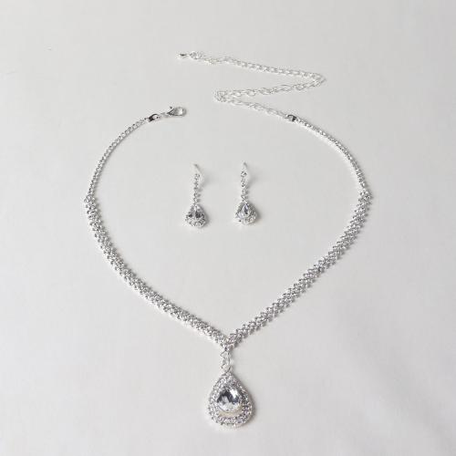 سبائك الزنك مجموعات مجوهرات, قرط مسمار & قلادة, مطلي, للمرأة & مع حجر الراين, فضة, Necklace: 50cm Earrings: 3cm, تباع بواسطة تعيين