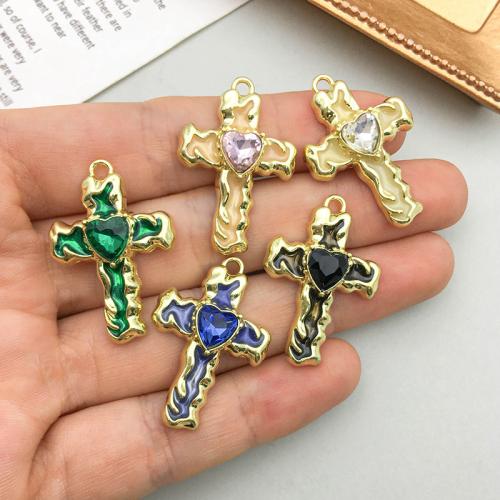 Sinc Alloy Rhinestone Pendants, Cross, Dath an óir plated KC, DIY & cruan & le rhinestone, dathanna níos mó le haghaidh rogha, 19x28mm, 100ríomhairí pearsanta/Mála, Díolta De réir Mála