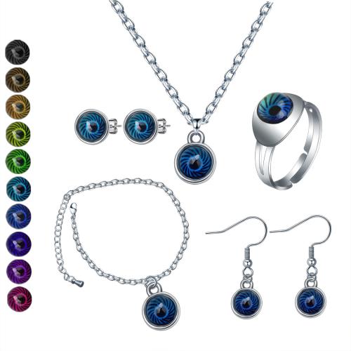 Set gioielli in lega di zinco, Orecchino a bottone & anello dito & Bracciale & Collana, lega in zinco, with acrilico, Cerchio, placcato color argento, stili diversi per la scelta & per la donna & smalto umore, nessuno, assenza di nichel,piombo&cadmio, Venduto da PC