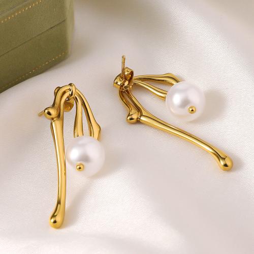 Titanium Staal Earring, met Plastic Pearl, gold plated, mode sieraden, gouden, 20x40mm, Verkocht door pair