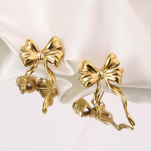 Titanium Steel  Earring Bowknot gold color plated fashion jewelry golden Sold By Pair