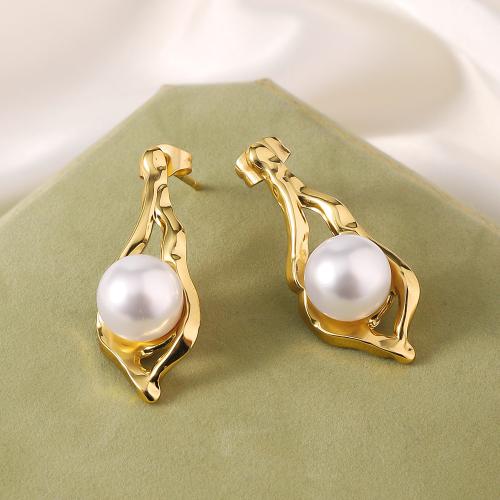 Titanium Staal Earring, met Plastic Pearl, gold plated, mode sieraden, gouden, 13x31mm, Verkocht door pair