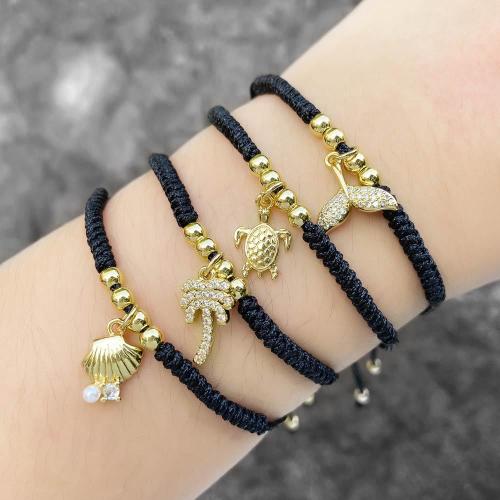 Bracelet cubique en laiton zircon pavent, corde en nylon, avec laiton, avec 10cm chaînes de rallonge, bijoux de mode & modèles différents pour le choix & pavé de micro zircon, noire, Longueur 16 cm, Vendu par PC