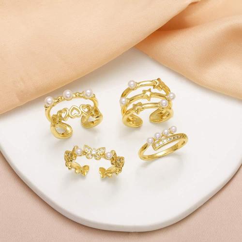 Kubieke Circonia Micro Pave Brass Ring, Messing, met Plastic Pearl, gold plated, mode sieraden & verschillende stijlen voor de keuze & micro pave zirconia, gouden, nikkel, lood en cadmium vrij, Verkocht door PC