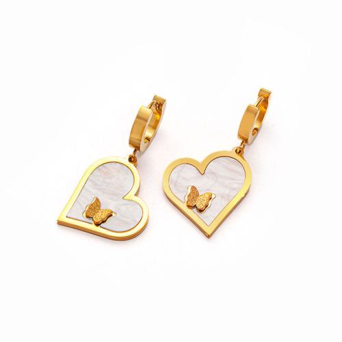 Stainless Steel Stud Earrings 304 Stainless Steel with White Shell Heart Vacuum Ion Plating fashion jewelry & for woman golden Sold By Pair