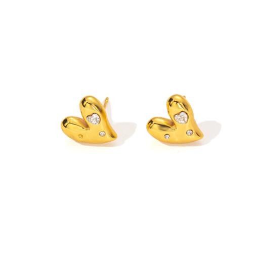 Stainless Steel Stud Earrings 304 Stainless Steel Heart plated & for woman & with rhinestone golden Sold By Pair