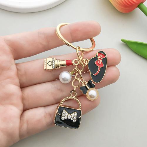 Zinc Alloy Key Clasp with Plastic Pearl gold color plated enamel & with rhinestone Sold By Bag