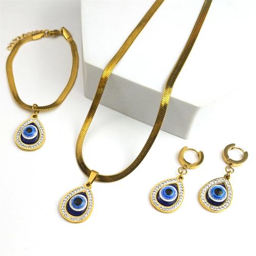 Evil Eye Jewelry Set 304 Stainless Steel with Resin 18K gold plated three pieces & for woman & with rhinestone Sold By Set