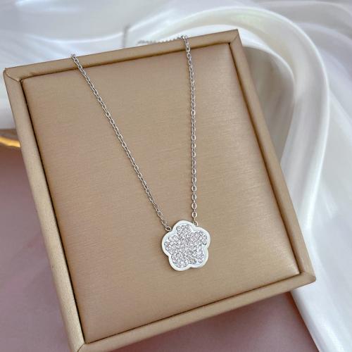 Titanium Steel Necklace petals Vacuum Ion Plating micro pave cubic zirconia & for woman silver color Length Approx 21-50 cm Sold By PC