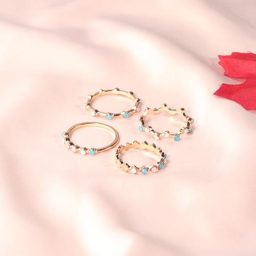 Zinc Alloy Ring Set with Gemstone plated 4 pieces & for woman & with rhinestone golden Sold By Set