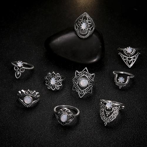 Zinc Alloy Ring Set with Gemstone plated nine pieces & for woman silver color Sold By Set