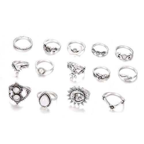 Cink Alloy Ring Set, Cink ötvözet, -val Drágakő, galvanizált, 14 darab & a nő & strasszos, ezüst, Által értékesített Set