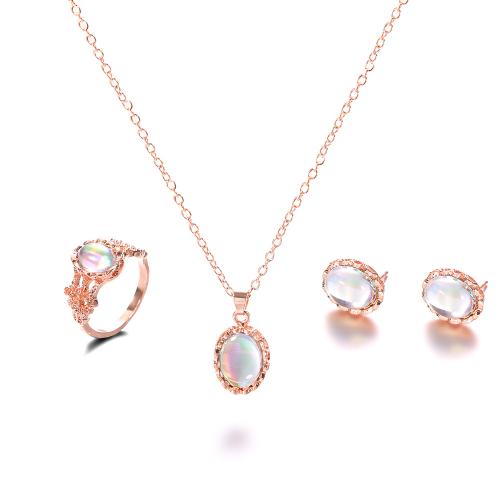 Zinc Alloy Jewelry Sets Stud Earring & finger ring & necklace with Gemstone plated three pieces & for woman rose gold color Sold By Set