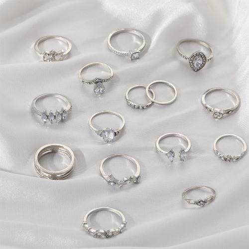 Sinc Alloy Ring Set, plátáilte, 15 phíosa & do bhean & le rhinestone, airgid, Díolta De réir Socraigh